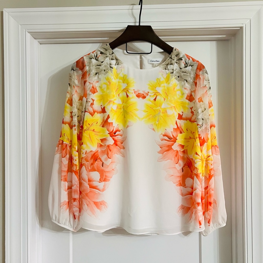 Calvin Klein Blouse Floral Yellow & Orange Size L